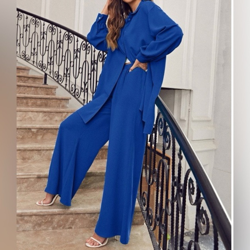 Frenchy  Drop Shoulder Button Front Blouse  & Wide Leg Pants